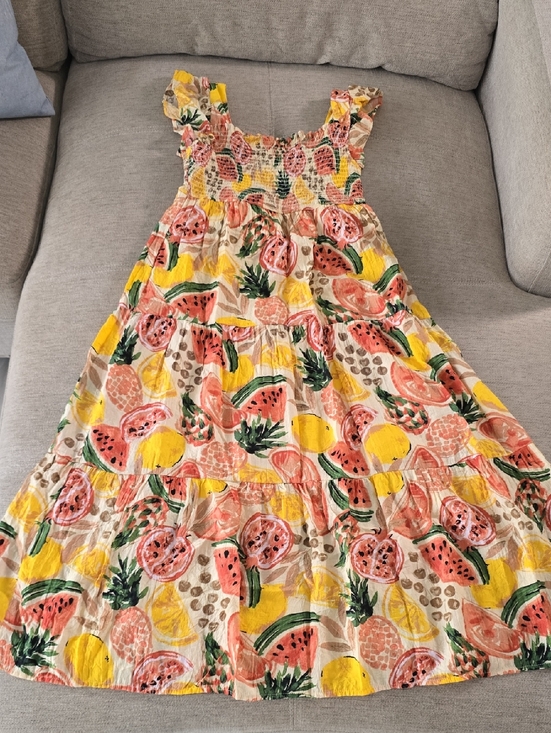 By The River Dresses & Skirts - By The River Smocked Yellow & Pink Tropical Fruit Midi Dress Sz Medium